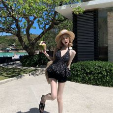 批发黑色波点美背v领挂脖<b class='q'>背心</b>女夏季修身外穿设计感辣妹短款内搭上衣