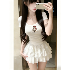 批发法式辣妹小熊短袖印花T恤上衣夏季纯欲短裙蓬蓬裙两件两件套<b class='q'>套装</b>