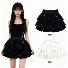 批发黑色绑带蓬蓬蛋糕裙女新款设计感高腰显瘦半身<b class='q'>短裙</b>