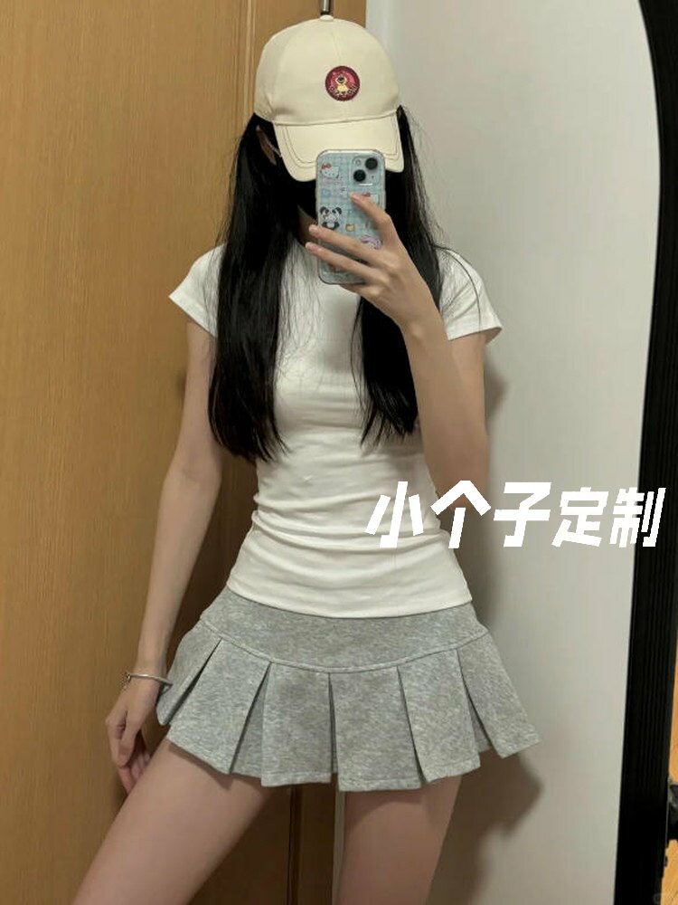 회색 로우 웨이스트 플리츠 반신 스커트 여성 여름 소녀 연령 감소 운송 동적 한 마디 웨이 치마 작은 키 미니 스커트 jk 치마