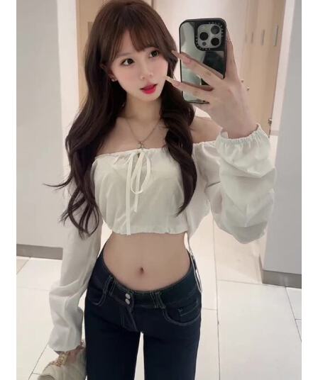 순수한 욕망 바람 오프숄더 쇼트 스타일 이슬 허리 레이스업 나비 매듭 핫걸 슬림해 보이는 작은 대중 오프숄더 달콤한 차가운 작은 키