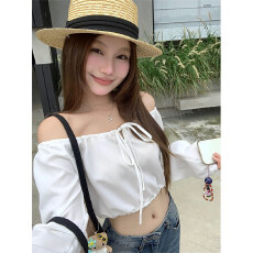 批发性感辣妹一字肩绑带抽绳长袖T恤女春秋薄款显瘦高腰漏脐短款上衣