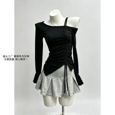 批发辣妹斜肩抽绳<b class='q'>长</b>袖上衣套装女修身打底衫自带安全裤百褶<b class='q'>裙裤</b>两件套