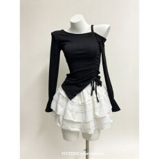 批发斜肩抽绳长袖上衣套装女秋冬<b class='q'>高腰</b>显瘦<b class='q'>蓬蓬裙</b>蛋糕短裙小个子两件套