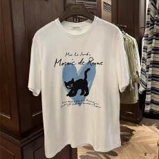 批发韩国东大门复古小众爱心猫咪印花短袖T恤<b class='q'>女</b>白色宽松纯棉休闲上衣