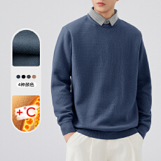 雪貂加绒毛衣男士圆领假两件加厚加绒保暖长袖休闲外穿男