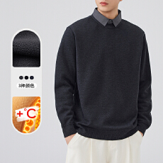 批发2025新款雪貂加入<b class='q'>毛衣</b>男士圆领假两件加厚加绒保暖长袖外穿男