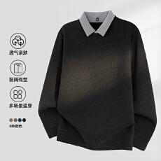 雪貂加绒毛衣男士圆领假两件加厚加绒保暖长袖休闲外穿男