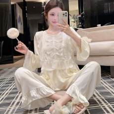 批发实拍春季<b class='q'>睡衣</b>女冰丝长袖长裤套装蕾丝花边公主风轻奢高级感家居服