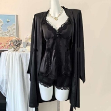 批发网图性感睡衣<b class='q'>女</b>冰丝吊带<b class='q'>短裤</b>外袍三件套高级感轻奢风带胸垫家居服