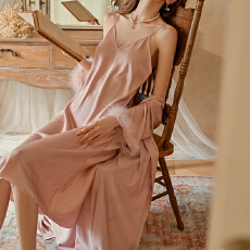 批发性感睡衣女冰丝<b class='q'>吊带</b><b class='q'>睡裙</b>睡袍套装中长款袖口羽毛法式高级感家居服