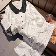 批发网图春夏款睡衣女长袖长裤套装提花大翻领开衫家居服高级感轻奢风