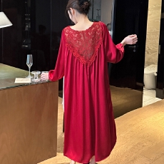 批发实拍<b class='q'>春</b>夏新款睡衣女长袖冰丝睡裙长款蕾丝宽松高级感轻奢风家居服