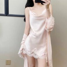 批发网图性感睡衣女冰丝吊带睡裙睡袍两件套装带胸垫荡领高级感家居服