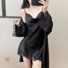 批发网图性感睡衣女冰丝吊带睡裙睡袍两件套装带胸垫荡领高级感家居服