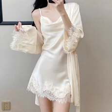 批发网图性感睡衣女冰丝吊带睡裙睡袍两件套装带胸垫荡领高级感家居服