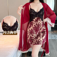 批发<b class='q'>性感</b>睡衣女烧花植绒吊带<b class='q'>睡裙</b>网纱外袍蕾丝露背带胸垫纯欲风家居服