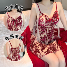 批发<b class='q'>性感</b>睡衣女烧花丝绒吊带<b class='q'>睡裙</b>网纱外袍蕾丝低胸带胸垫纯欲风家居服