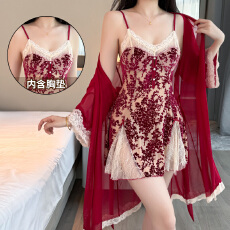 批发<b class='q'>性感</b>睡衣女烧花丝绒吊带<b class='q'>睡裙</b>网纱外袍蕾丝低胸带胸垫纯欲风家居服