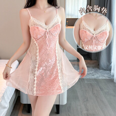 批发<b class='q'>性感</b>睡衣女烧花丝绒吊带<b class='q'>睡裙</b>蕾丝低胸带胸垫纯欲风家居服迷人情趣