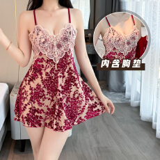 批发<b class='q'>性感</b>睡衣女烧花丝绒吊带<b class='q'>睡裙</b>蕾丝低胸带胸垫纯欲风家居服迷人情趣