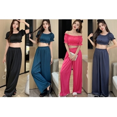 批发实拍春夏新款睡衣女冰丝<b class='q'>短袖</b>长<b class='q'>裤</b>套<b class='q'>装</b>露脐短款上衣纯色性感家居服