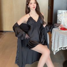 批发实拍性感<b class='q'>睡衣</b>女冰丝吊带睡裙睡袍两件套装蕾丝带胸垫高级感家居服