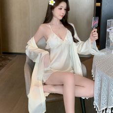 批发实拍性感<b class='q'>睡衣</b>女冰丝吊带睡裙睡袍两件套装蕾丝带胸垫高级感家居服