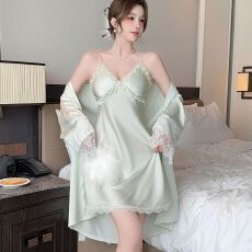 批发实拍性感睡衣女冰丝吊带睡裙<b class='q'>睡袍</b>两件套纯欲风带胸垫高级感家居服