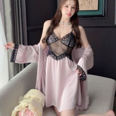 批发实拍性感睡衣吊带睡裙<b class='q'>睡袍</b>两件套缎面冰丝蕾丝美背胸垫家居服