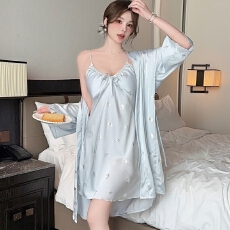 批发实拍性感睡衣女冰丝吊带睡裙<b class='q'>睡袍</b>两件套烫印蝴蝶带胸垫轻奢家居服