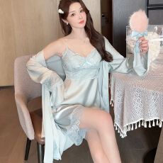 批发实拍性感睡衣女吊带短裤<b class='q'>睡袍</b>三件套装缎面冰丝高级感带胸垫家居服