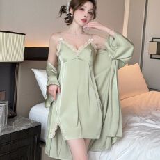 实拍性感睡衣女冰丝吊带睡裙睡袍两件套带胸垫高级感轻奢风家居服