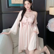 批发实拍性感睡衣女冰丝<b class='q'>吊带</b><b class='q'>睡裙</b>睡袍两件套装蕾丝带胸垫高级感家居服