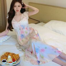 夏季新款睡衣女冰丝中长款睡裙带胸垫印花蕾丝高级感轻奢风家居服