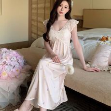 夏季新款睡衣女冰丝中长款睡裙带胸垫印花蕾丝高级感轻奢风家居服