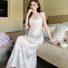 夏季新款睡衣女冰丝中长款睡裙带胸垫印花蕾丝高级感轻奢风家居服