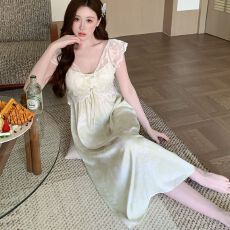 夏季新款睡衣女冰丝中长款睡裙带胸垫印花蕾丝高级感轻奢风家居服