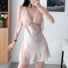 批发实拍性感睡衣女缎面冰丝吊带睡裙蕾丝花边带胸垫高级感气质家居服