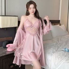 批发实拍性感睡衣女吊带睡裙<b class='q'>睡袍</b>两件套蕾丝高级感轻奢风带胸垫家居服