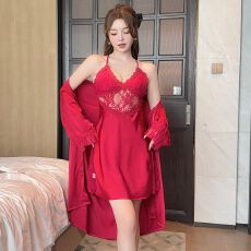 批发实拍性感睡衣女吊带睡裙<b class='q'>睡袍</b>两件套蕾丝高级感轻奢风带胸垫家居服