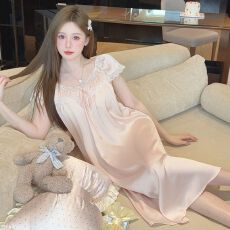 批发性感睡衣女<b class='q'>夏</b>冰丝短袖睡裙中长款蕾丝花边简约轻奢风高级感家居服