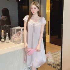 批发性感睡衣女<b class='q'>夏</b>冰丝短袖睡裙中长款蕾丝花边简约轻奢风高级感家居服