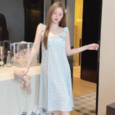 批发性感睡衣女冰丝薄款吊带睡裙中长款小飞袖波点高级感带胸垫家居服