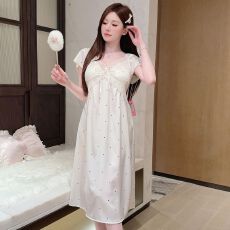 批发性感睡衣女冰丝薄款短袖睡裙中长款波点宫廷风高级感带胸垫家居服