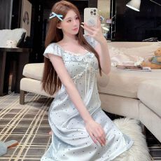 批发性感睡衣女冰丝薄款短袖睡裙中长款波点宫廷风高级感带胸垫家居服
