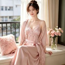 批发实拍性感睡衣女冰丝吊带睡裙<b class='q'>睡袍</b>两件套装长款高级感带胸垫家居服