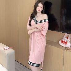 批发实拍<b class='q'>性感</b><b class='q'>睡衣</b>女莫代尔螺纹短袖睡裙V领宽松大码慵懒风休闲家居服