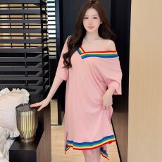 批发实拍<b class='q'>性感</b><b class='q'>睡衣</b>女莫代尔螺纹短袖睡裙V领宽松大码彩虹领休闲家居服