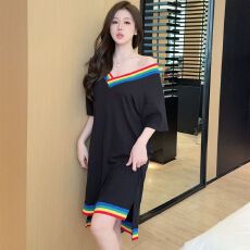 批发实拍<b class='q'>性感</b><b class='q'>睡衣</b>女莫代尔螺纹短袖睡裙V领宽松大码彩虹领休闲家居服